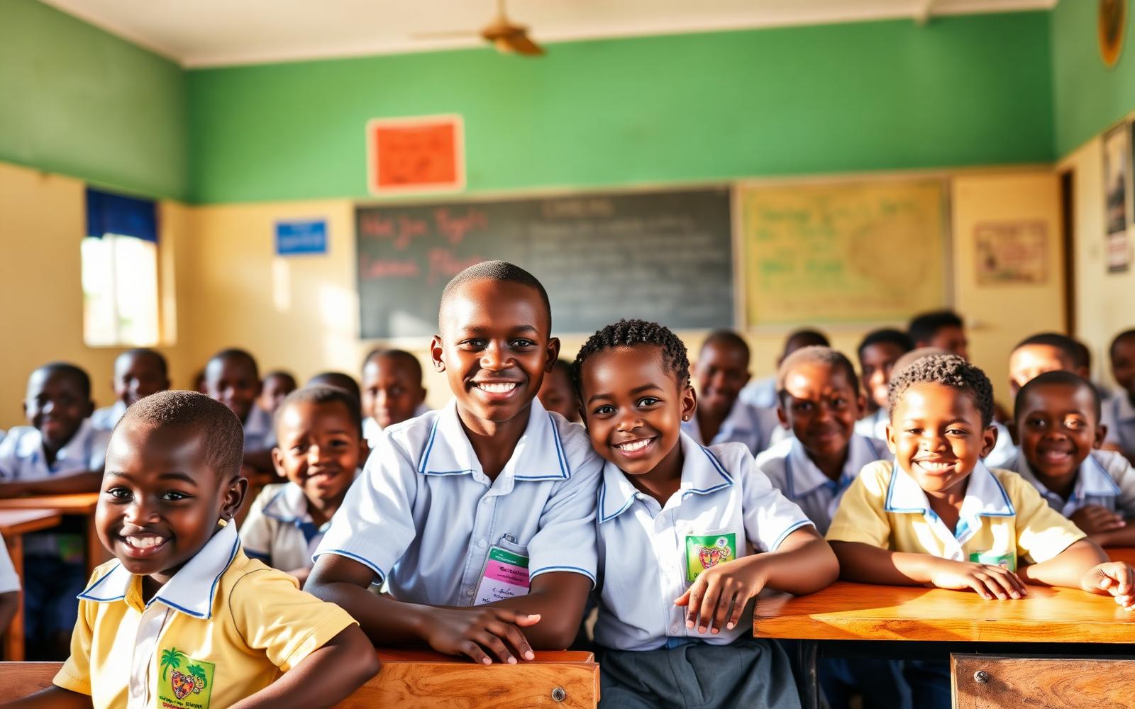 Kenyan primary classroom with happy learners